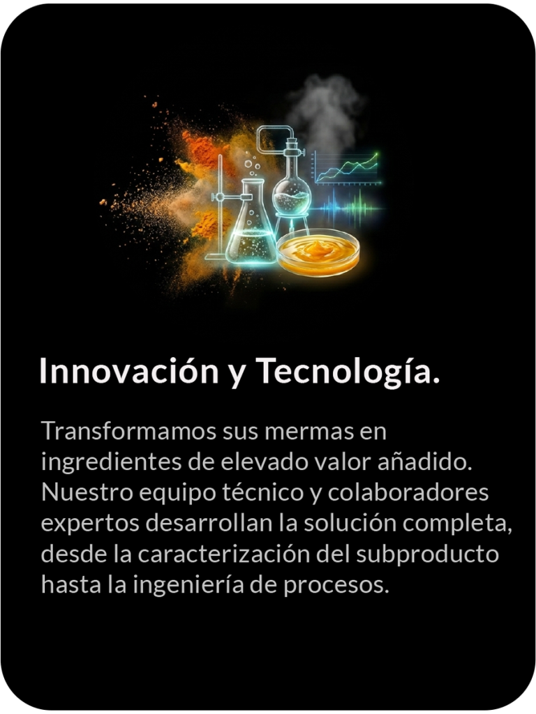 INNOVACIÓN Y TECNOLOGÍA, Transformamos sus mermas en ingredientes de elevado valor añadido. Nuestro equipo técnico y colaboradores expertos desarrollan la solución completa, desde la caracterización del subproducto hasta la ingeniería de procesos.